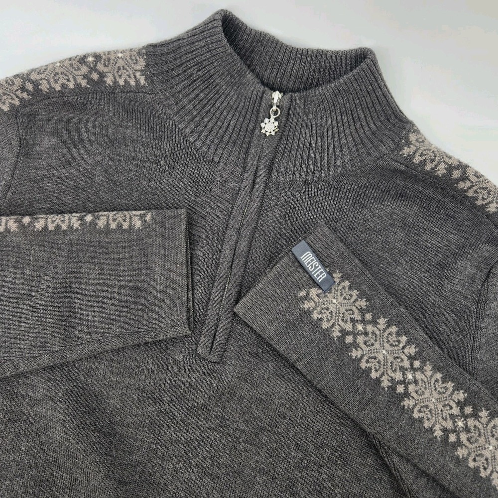 Meister Sweater Womens M Gray Wool Blend Snowflake Ski Nordic Fair Isle 1/4 Zip